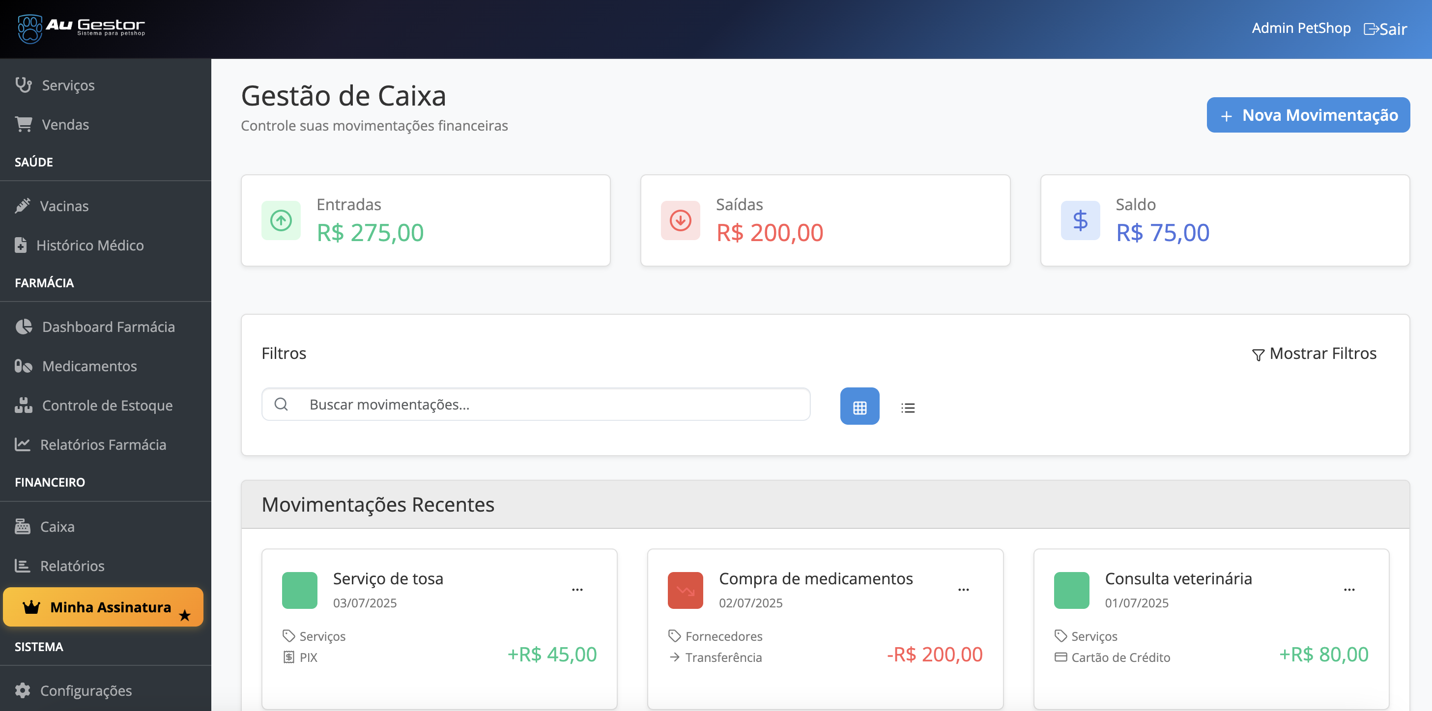 Sistema de gestão financeira para pet shop do Au Gestor - Controle de caixa e vendas